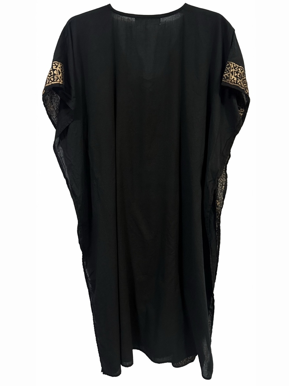 Black Evil Eye Gold Accent Kaftan Boho Coastal Luxe Mediterranean Cotton Coverup - Picture 2 of 12